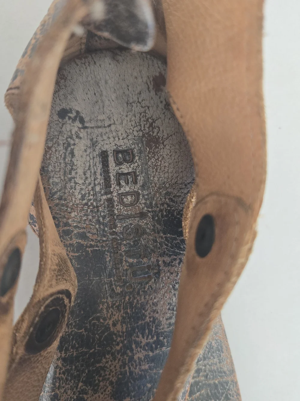BED|STU Distressed Two-Tone Black & Tan Leather Cutout Sandals